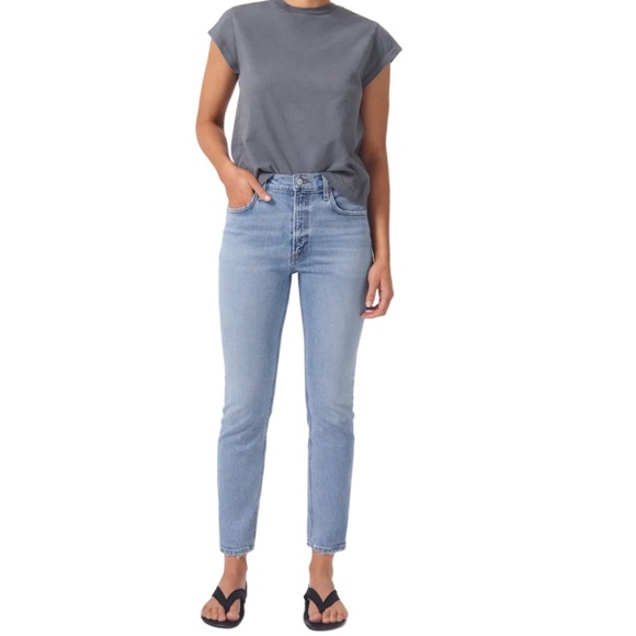 AGOLDE Willow Mid Rise Slim Crop Medium Blue Denim Jean Distressed Hem Size 26 - Picture 1 of 14